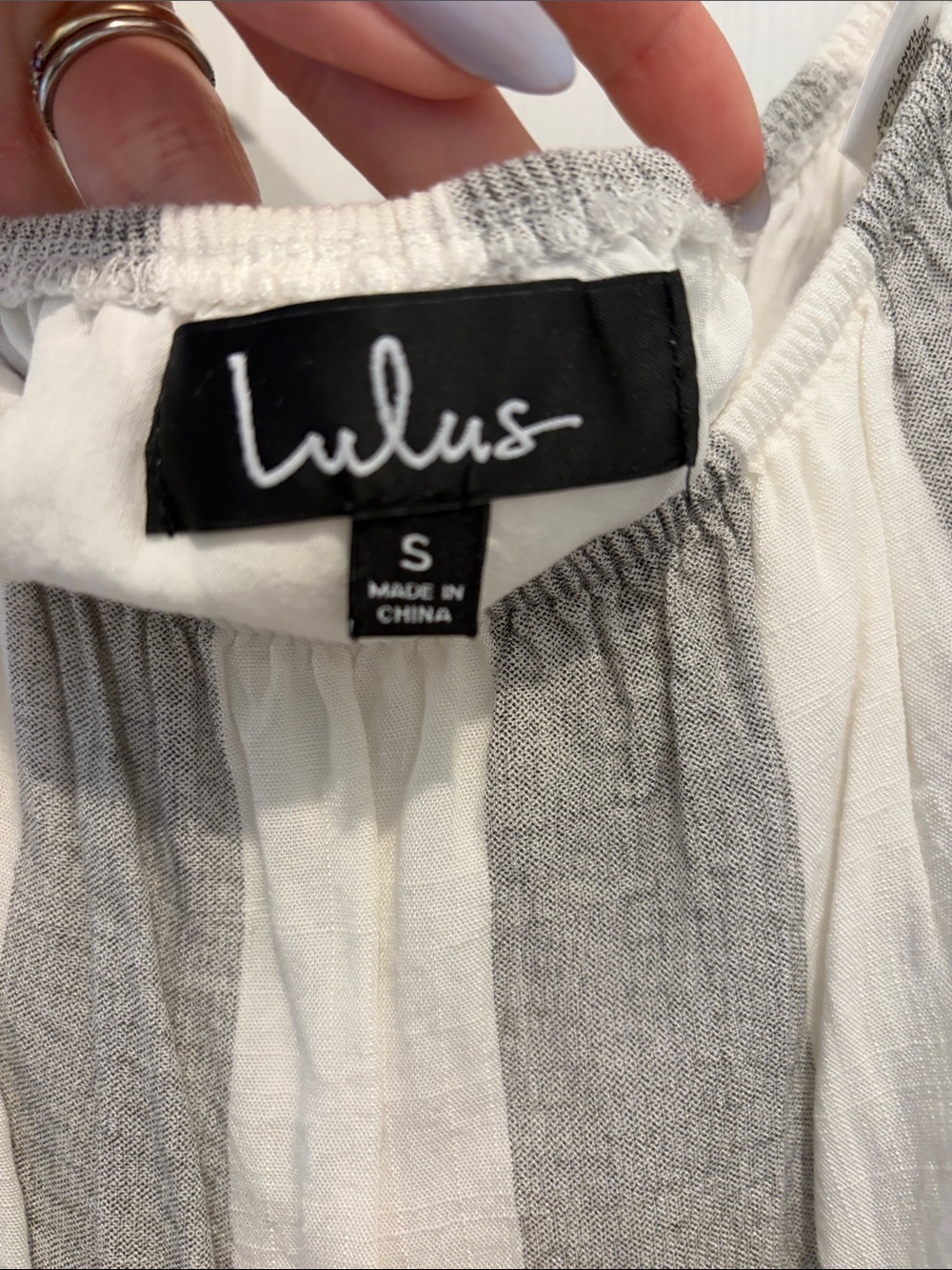 Lulus Sea Of Cortez Grey And White Striped Off-the-shoulder Crop Top - Size S - Picture 3 of 5